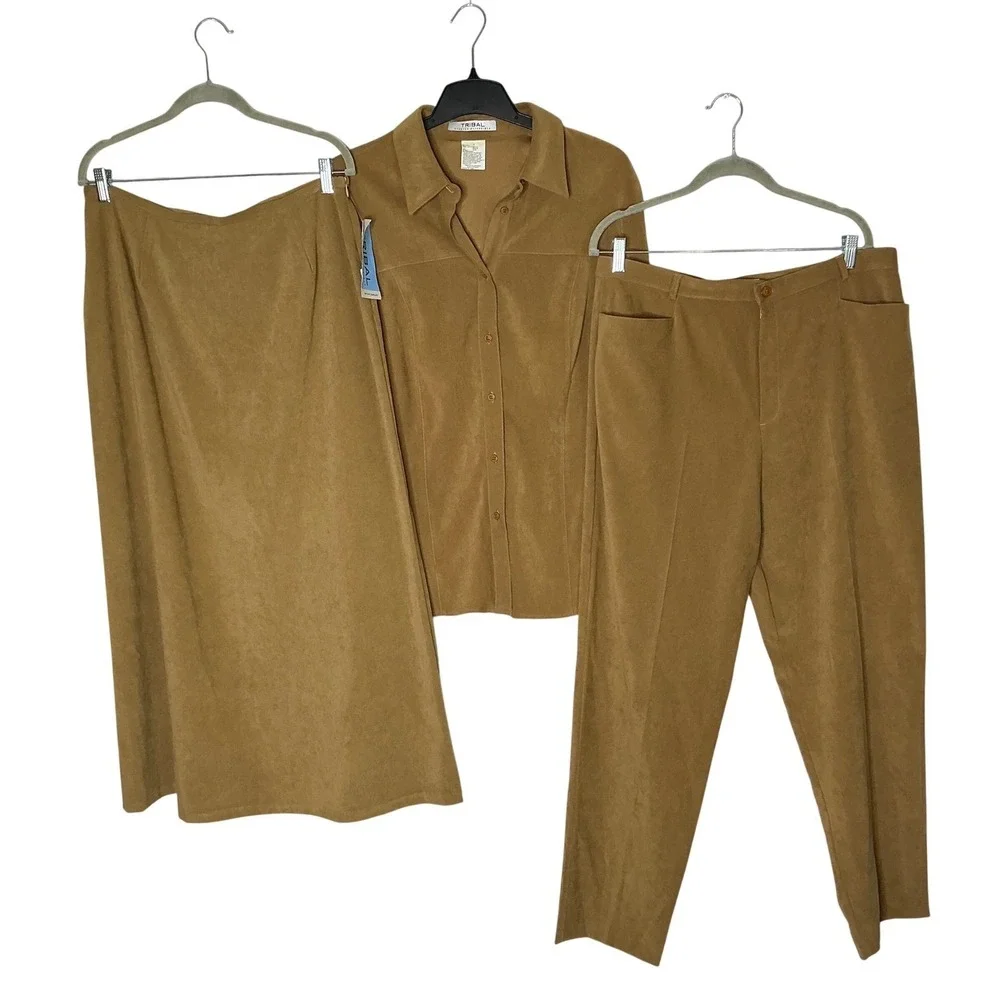 Tribal Stretch 3 Piece  Career‎ Outfit Pants Skirt Button Up Shirt Camel Size 14